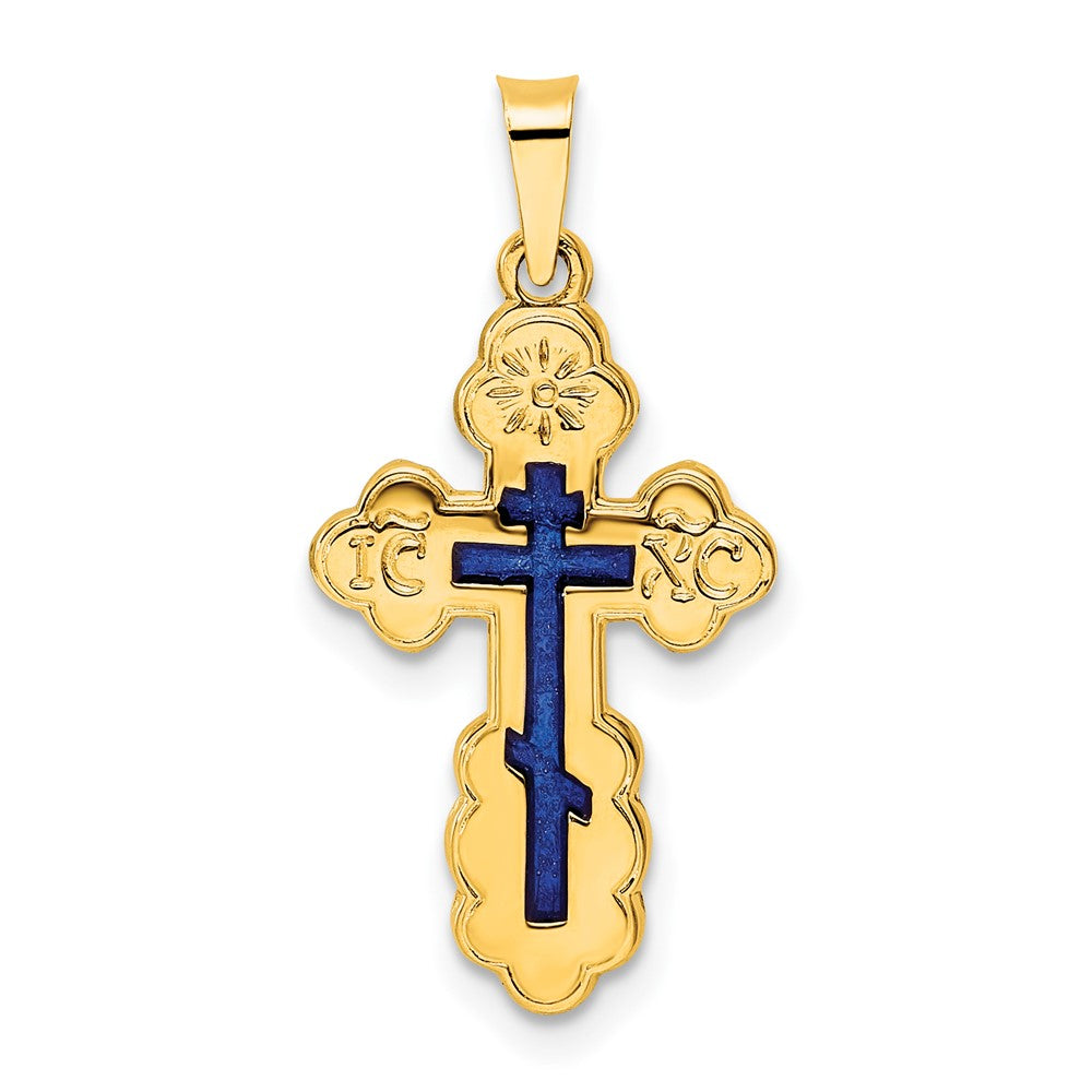 14k Yellow Gold Polished Eastern Orthodox Blue Enamel Solid Cross Pendant