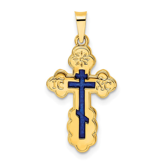 14k Yellow Gold Polished Eastern Orthodox Blue Enamel Solid Cross Pendant