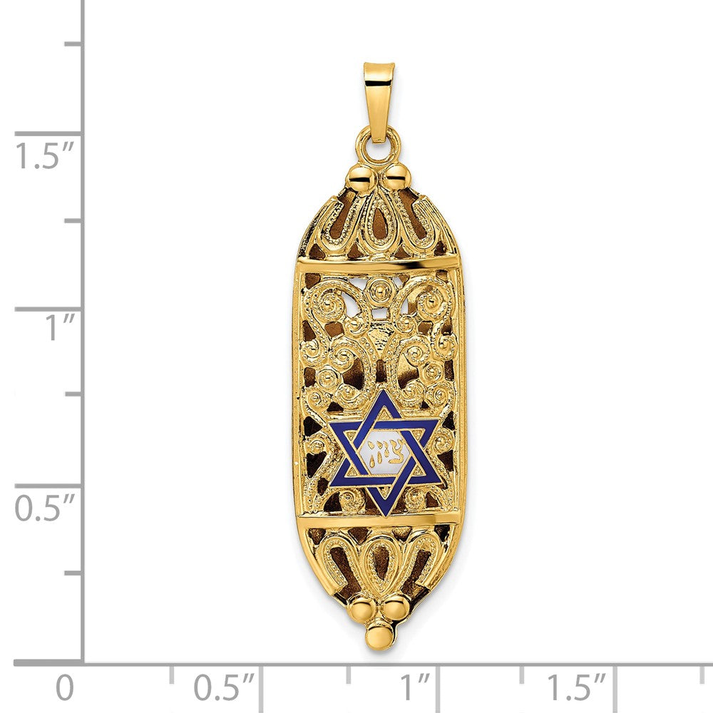 14k Yellow Gold Polished Solid Mezuzah Enameled Star Pendant