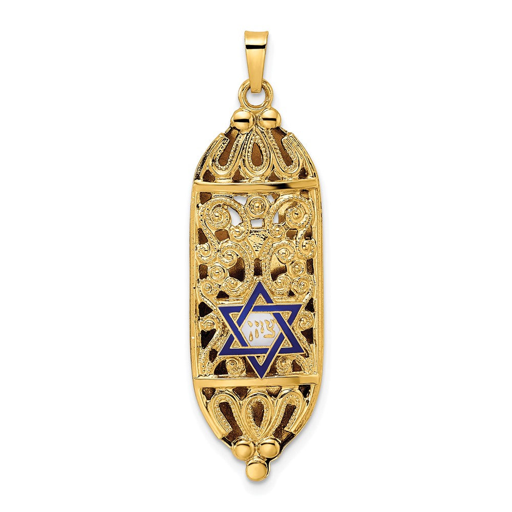 14k Yellow Gold Polished Solid Mezuzah Enameled Star Pendant