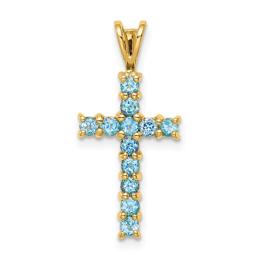 14k Yellow Gold Blue Topaz Cross Pendant