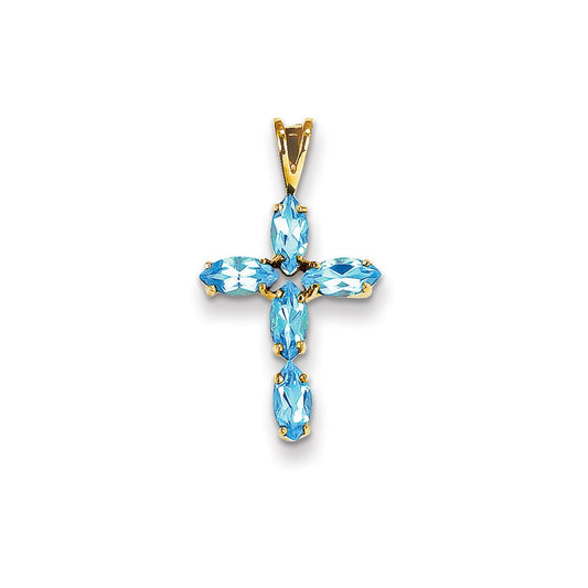 14k Yellow Gold Blue Topaz Cross Pendant