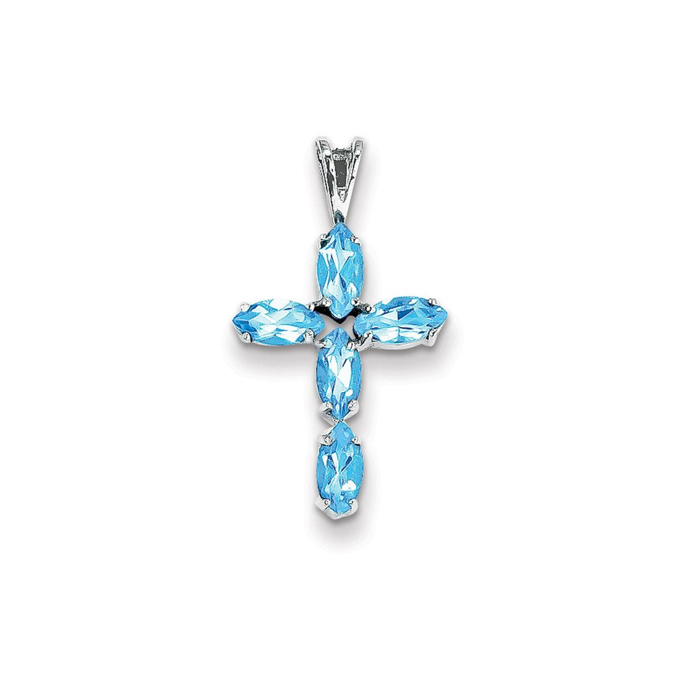 14k White Gold Blue Topaz Cross Pendant