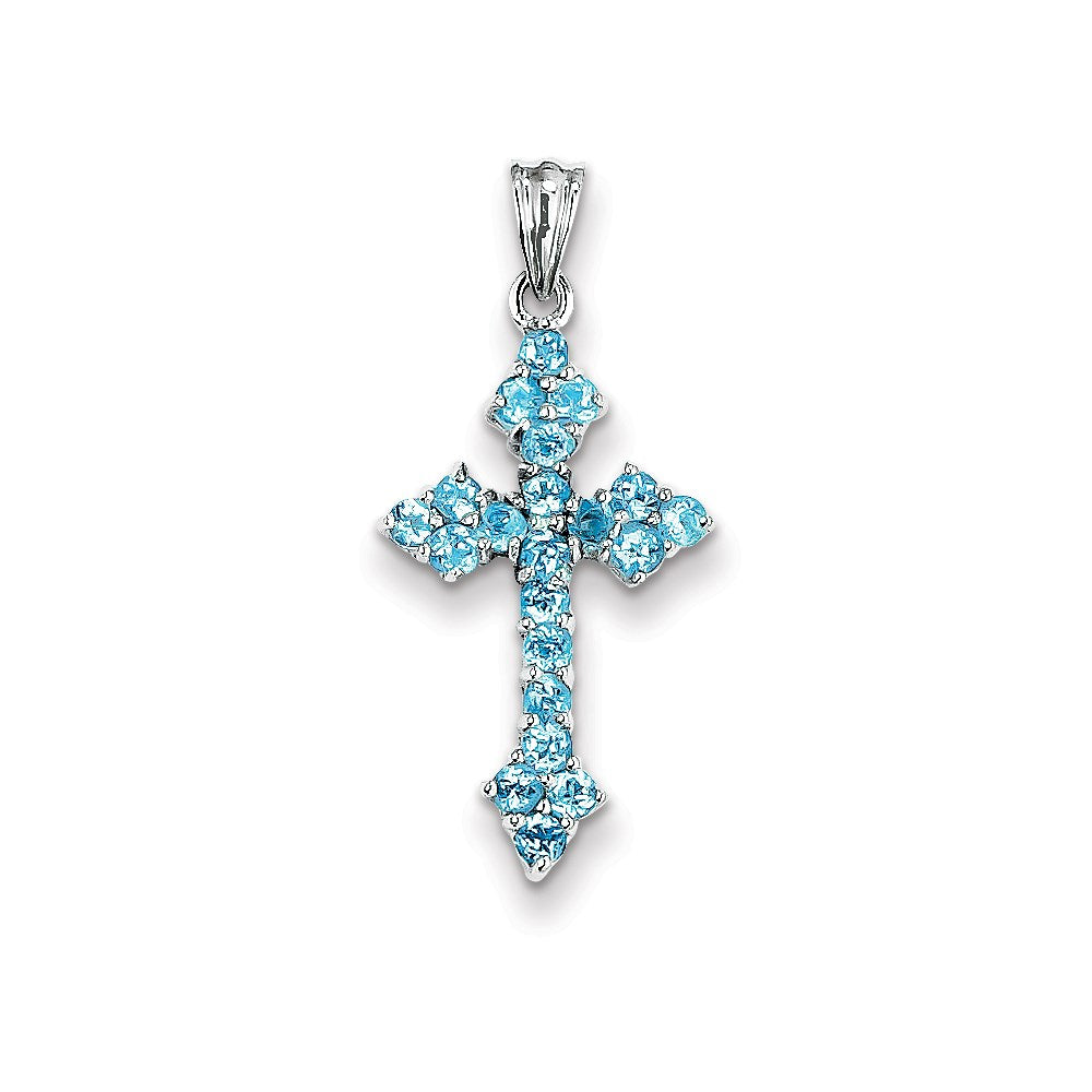 14k White Gold Blue Topaz Budded Cross Pendant