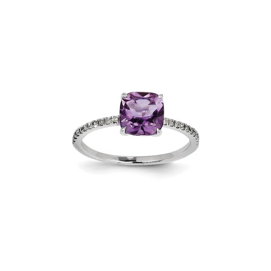 14k White Gold Real Diamond and Amethyst Square Ring