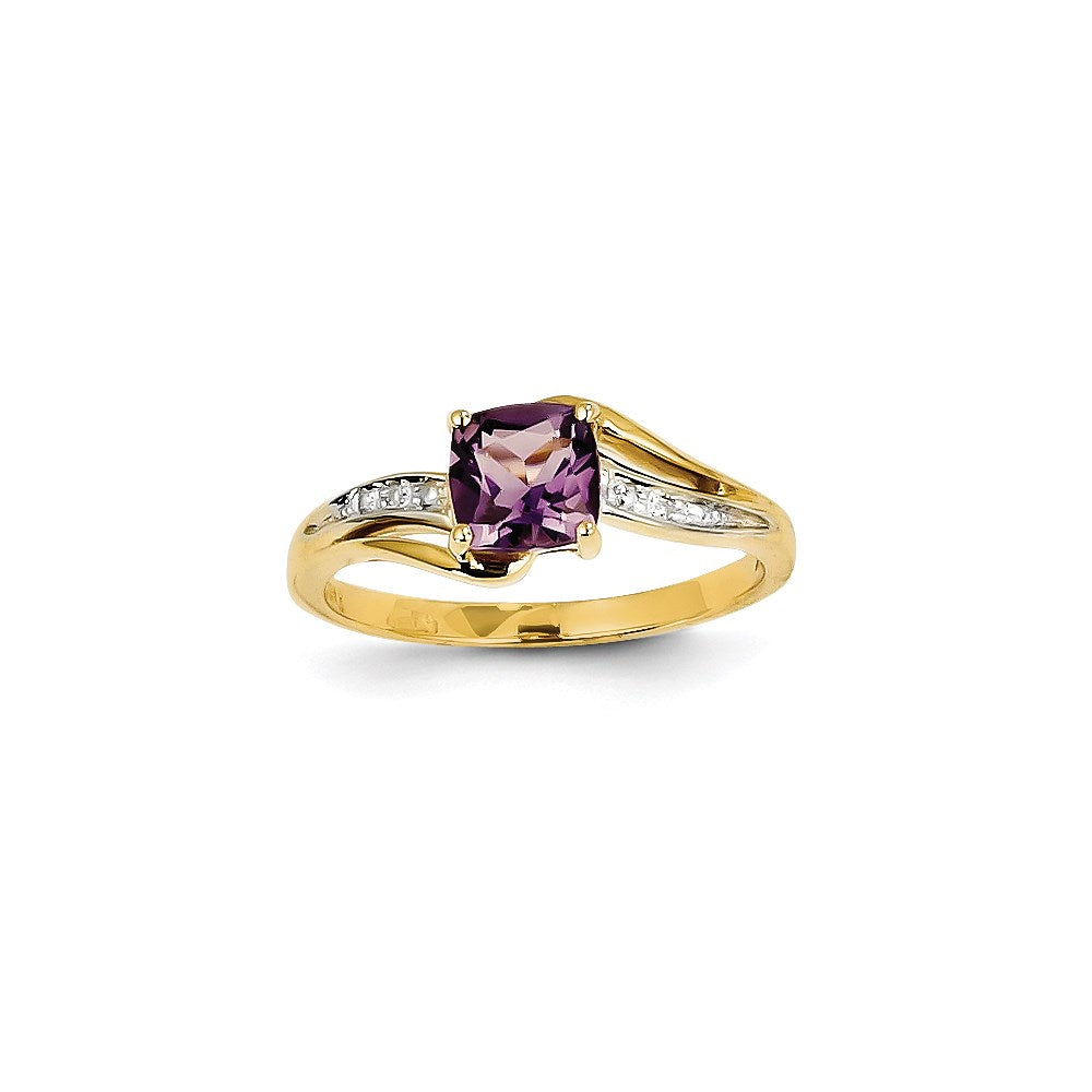 14K Yellow Gold Real Diamond and Amethyst Square Ring