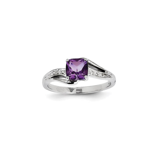 14k White Gold Real Diamond and Amethyst Square Ring