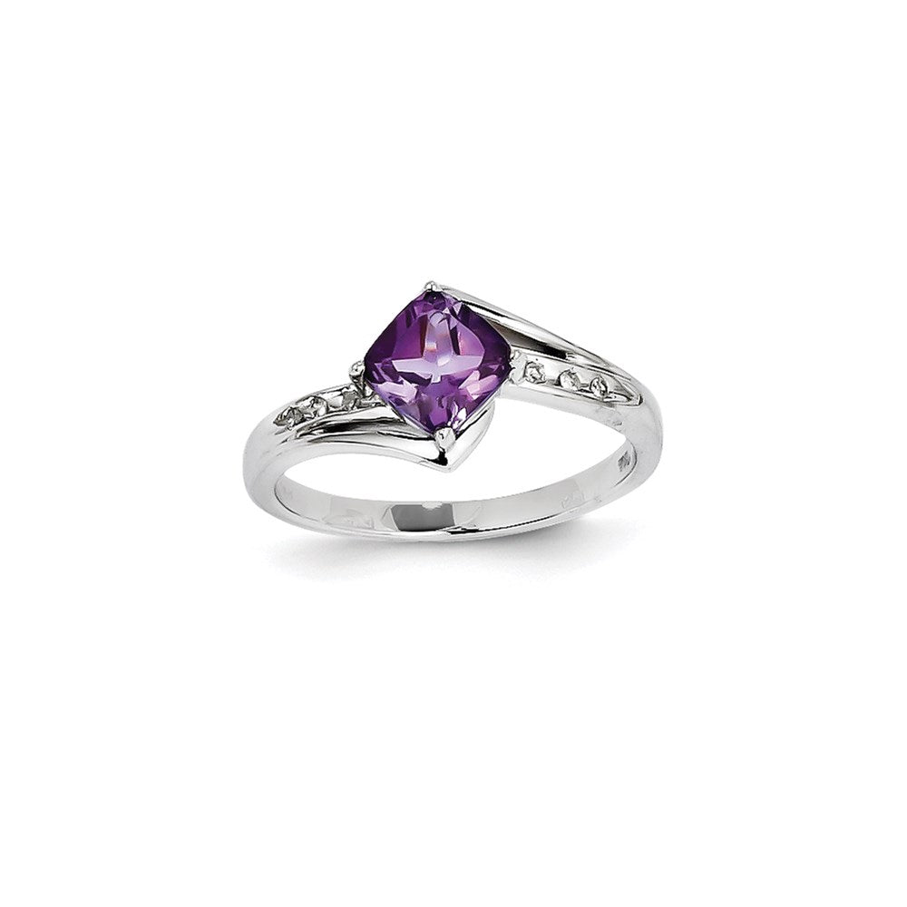 14k White Gold Real Diamond and Amethyst Square Ring