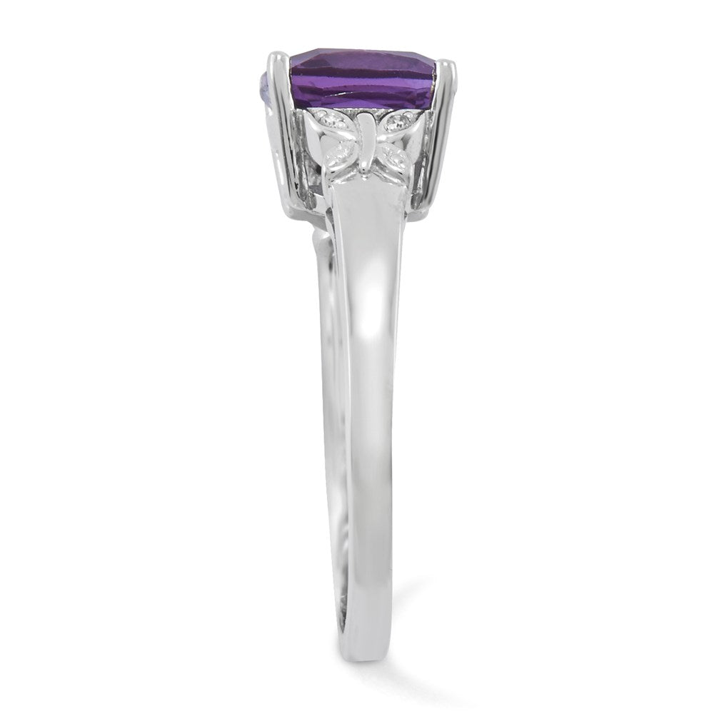 14k White Gold Real Diamond and Amethyst Square Ring