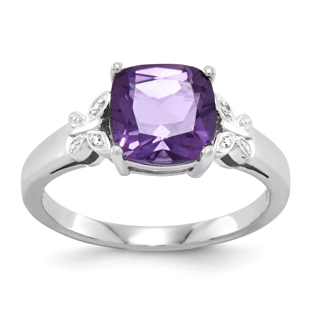 14k White Gold Real Diamond and Amethyst Square Ring