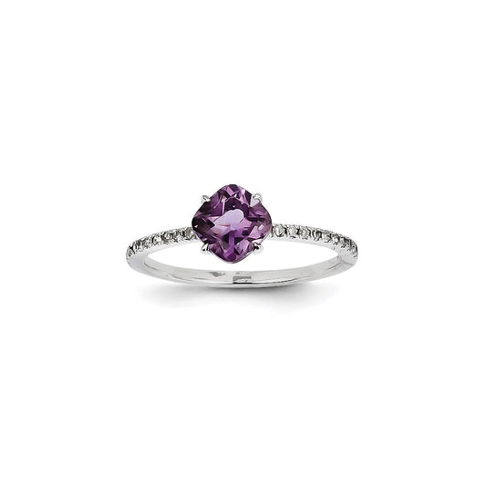 14k White Gold Real Diamond and Amethyst Square Ring