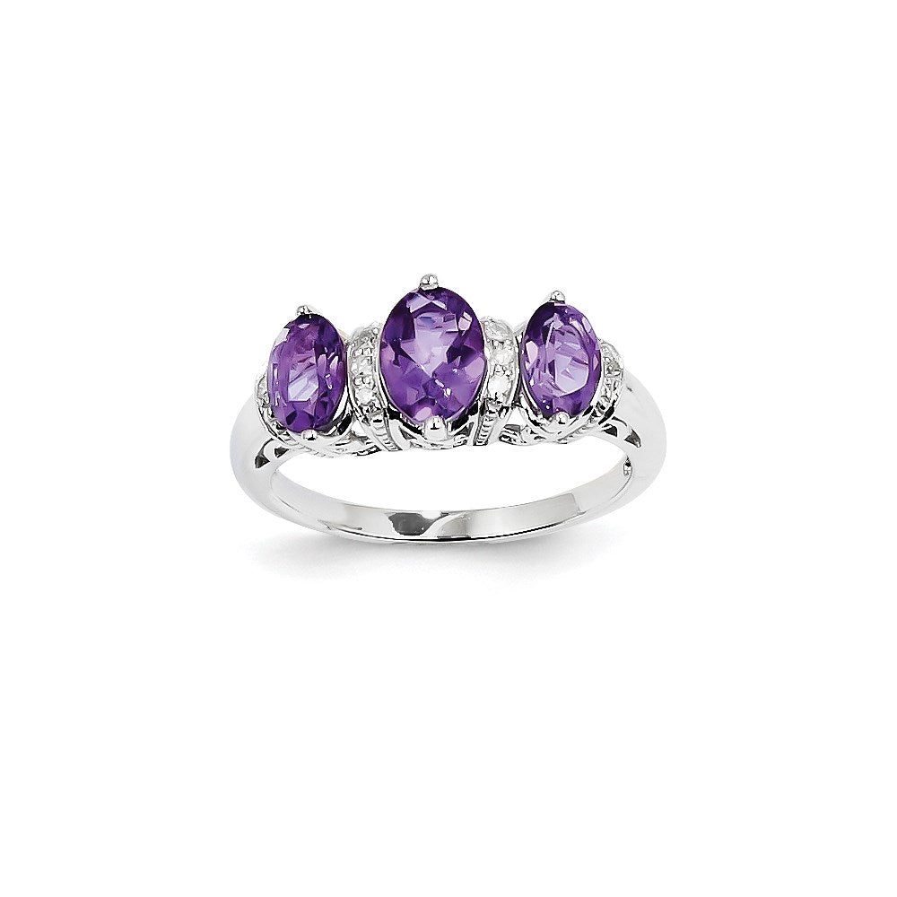 14K White Gold Real Diamond and Amethyst Oval Ring