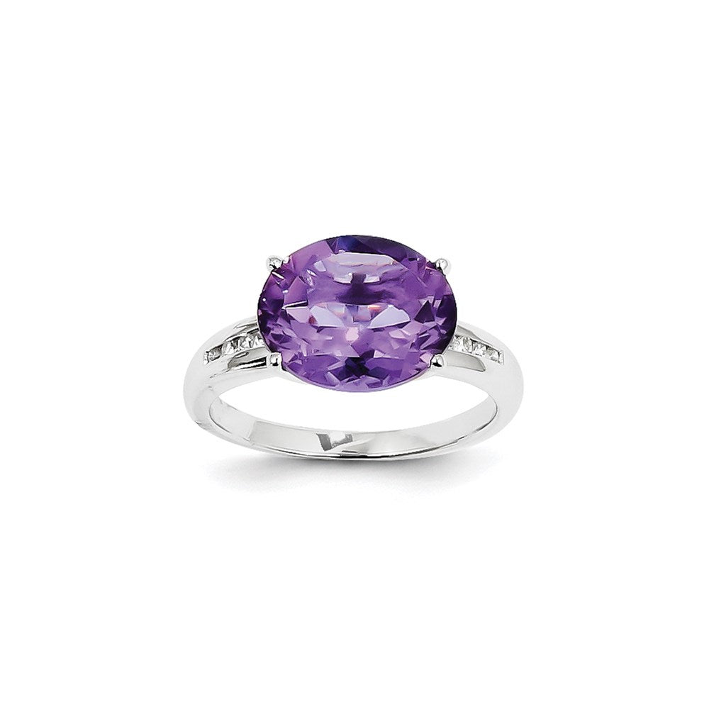 14K White Gold Real Diamond and Amethyst Oval Ring