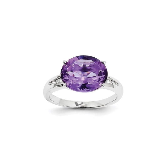 14K White Gold Real Diamond and Amethyst Oval Ring