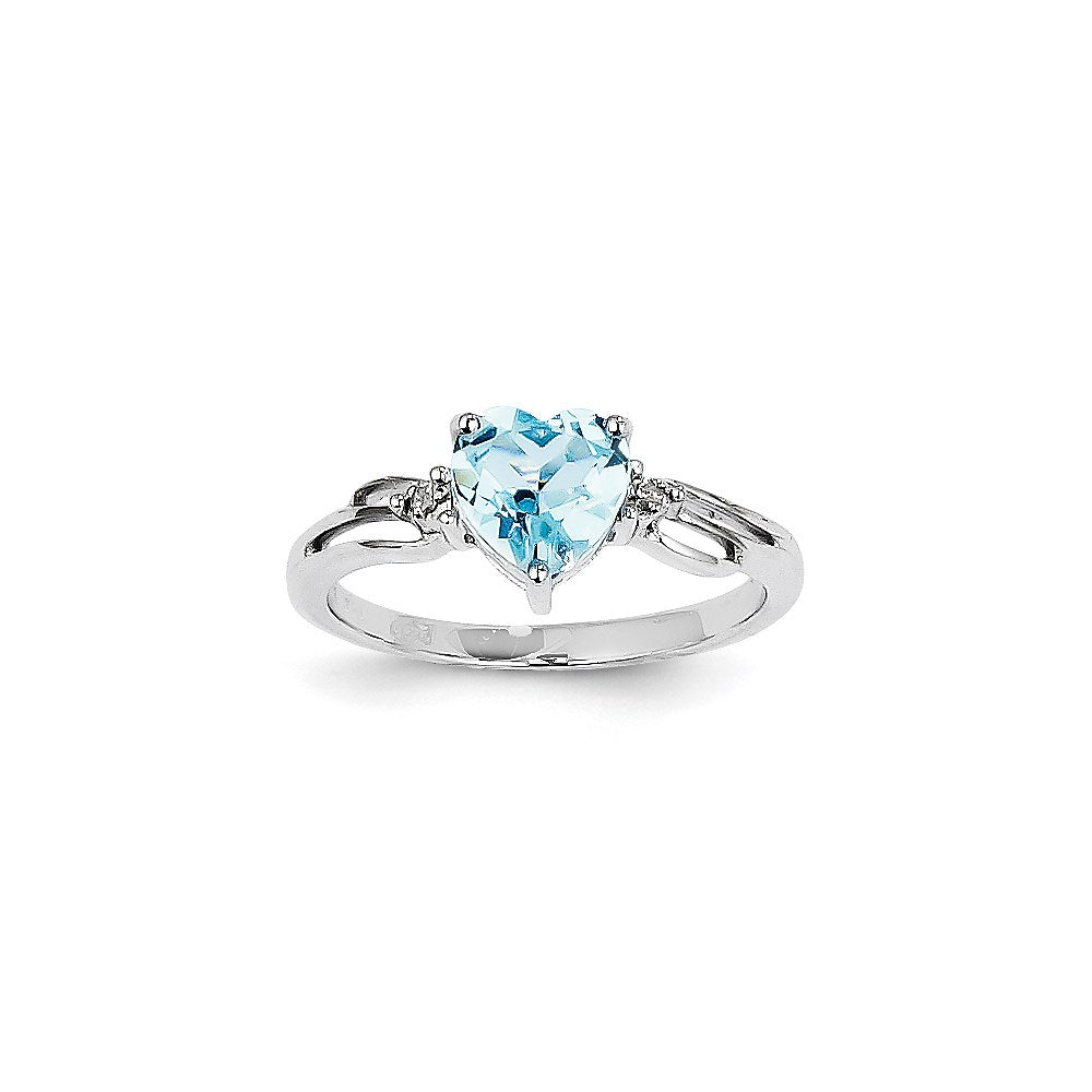 14k White Gold Real Diamond and Blue Topaz Heart Ring