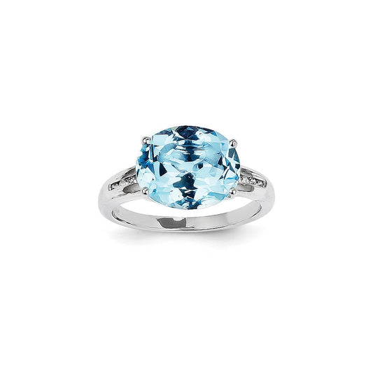 14k White Gold Real Diamond and Blue Topaz Oval Ring