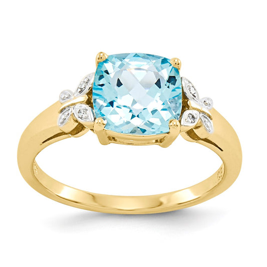 14K Yellow Gold Real Diamond and Blue Topaz Square Ring