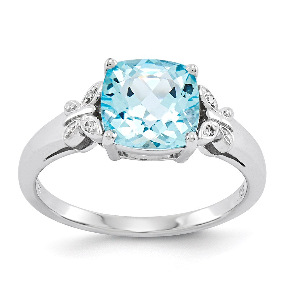 14k White Gold Real Diamond and Blue Topaz Square Ring