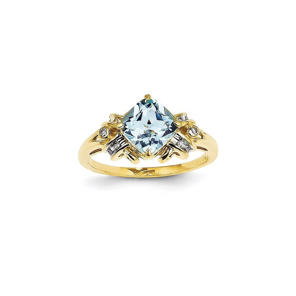 14K Yellow Gold Real Diamond and Blue Topaz Square Ring