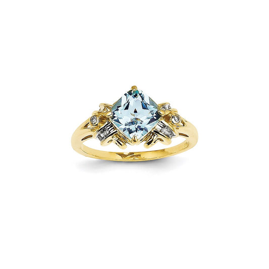 14K Yellow Gold Real Diamond and Blue Topaz Square Ring