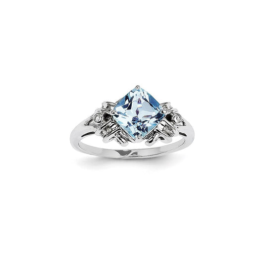 14k White Gold Real Diamond and Blue Topaz Square Ring