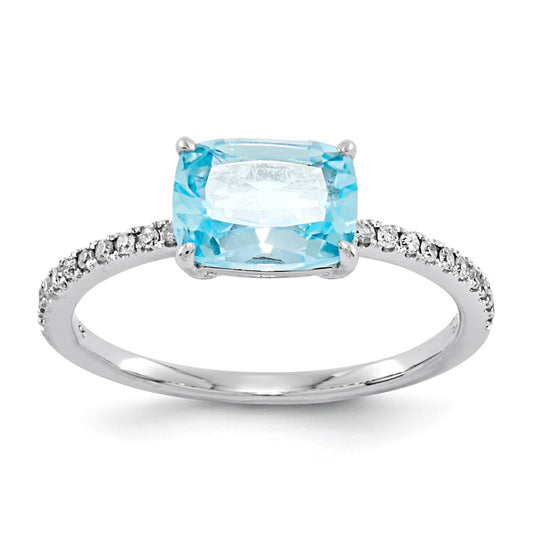 14k White Gold Real Diamond and Blue Topaz Square Ring