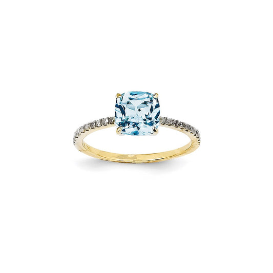 14K Yellow Gold Real Diamond and Blue Topaz Square Ring