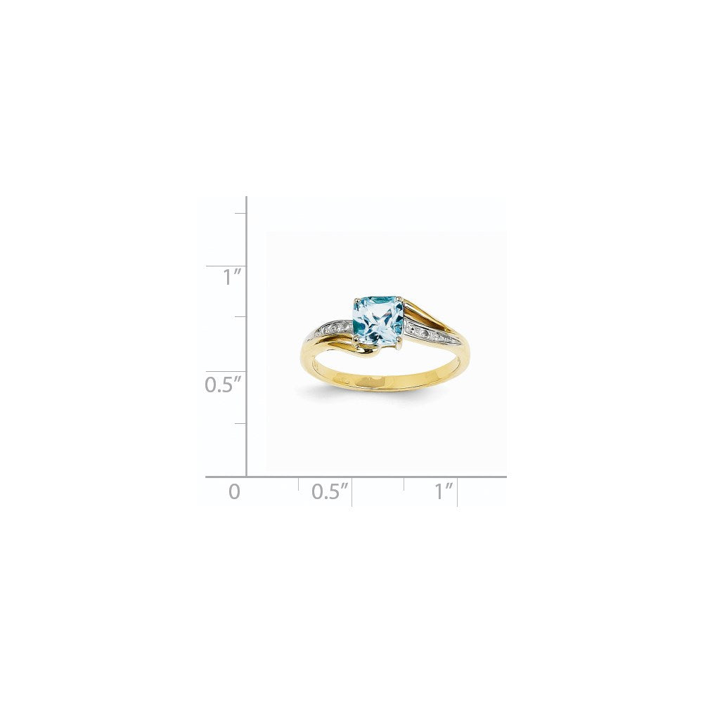 14K Yellow Gold Rhodium Real Diamond and Blue Topaz Square Ring