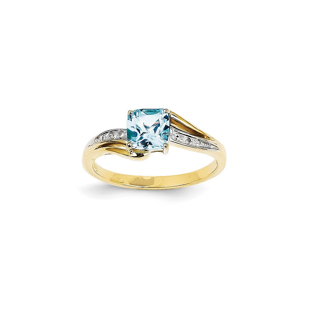 14K Yellow Gold Rhodium Real Diamond and Blue Topaz Square Ring