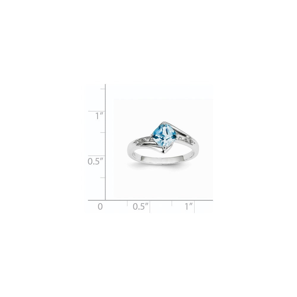 14k White Gold Real Diamond and Blue Topaz Square Ring