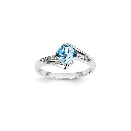 14k White Gold Real Diamond and Blue Topaz Square Ring