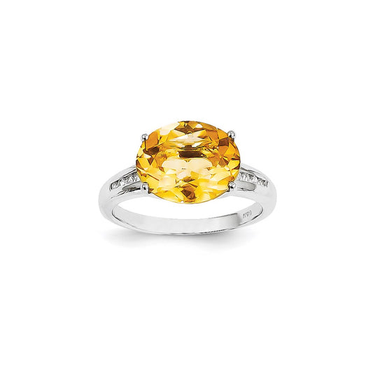 14k White Gold Real Diamond and Citrine Oval Ring