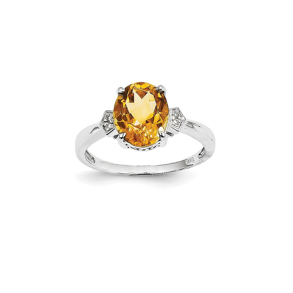 14K White Gold Real Diamond and Citrine Oval Ring