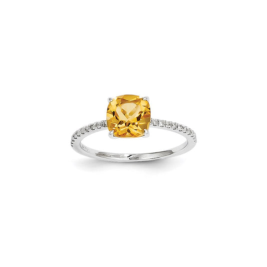 14k White Gold Real Diamond and Citrine Square Ring