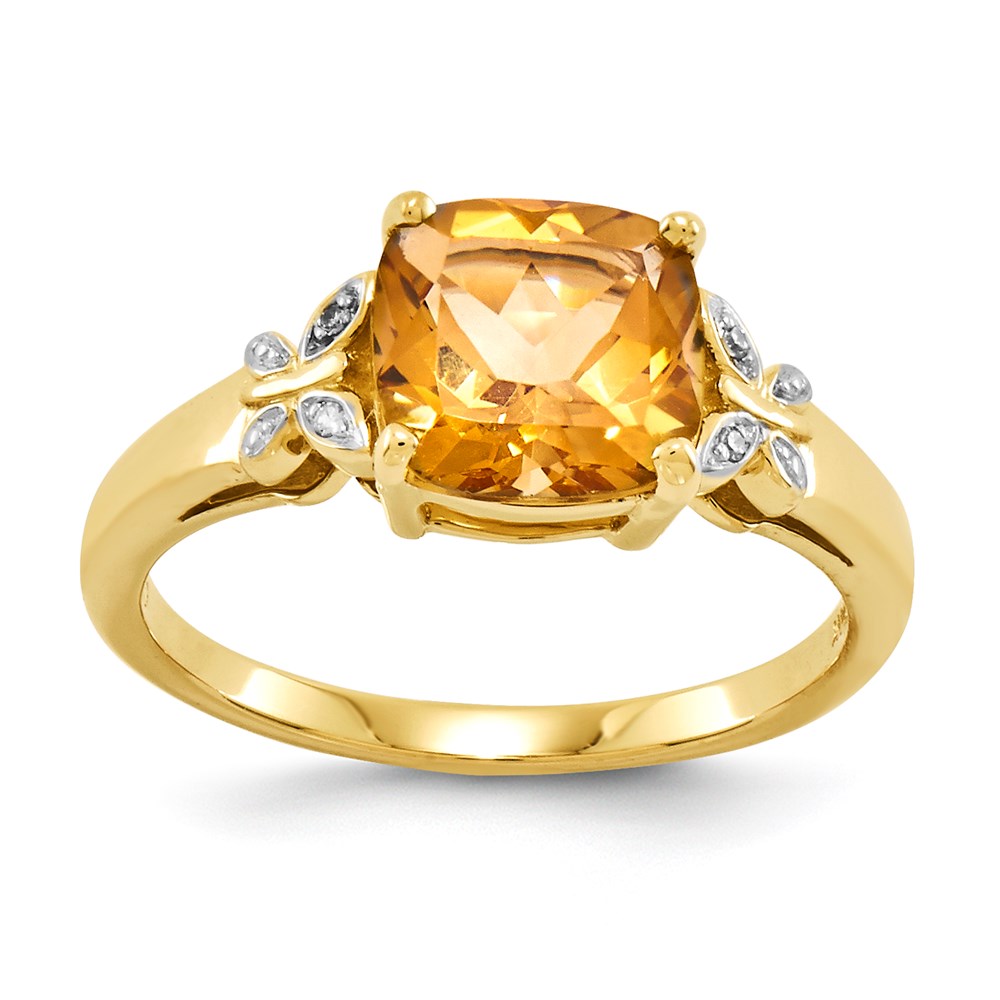 14K Yellow Gold Real Diamond and Citrine Square Ring