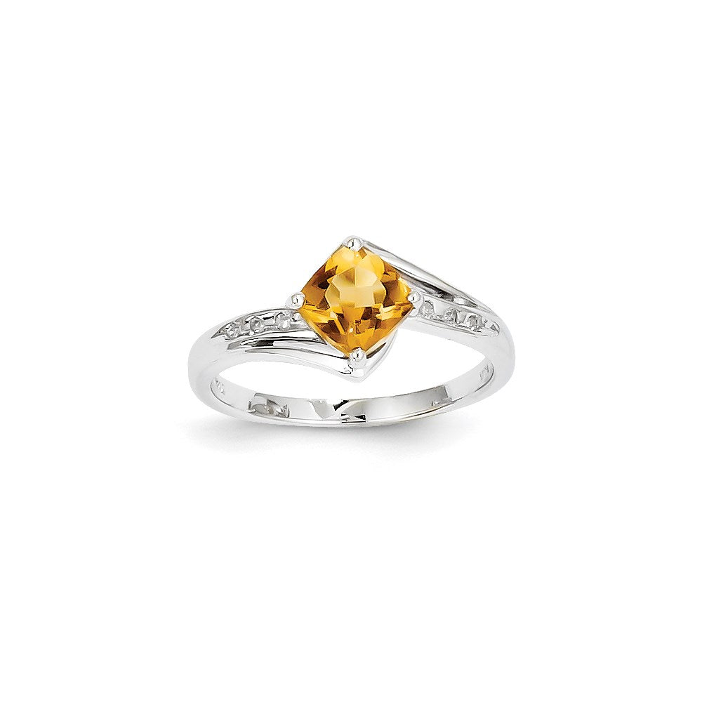 14k White Gold Real Diamond and Citrine Square Ring