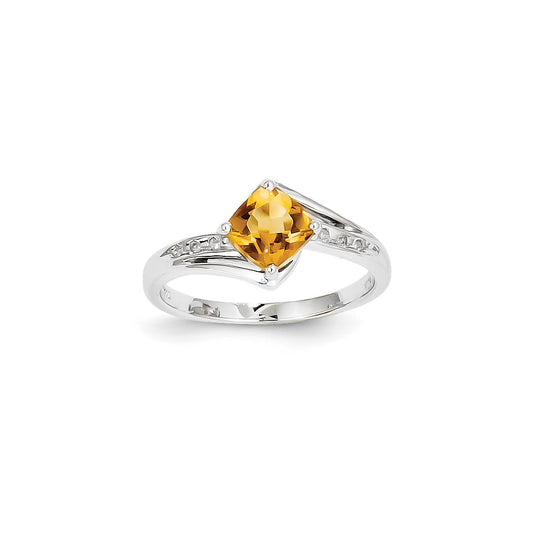 14k White Gold Real Diamond and Citrine Square Ring