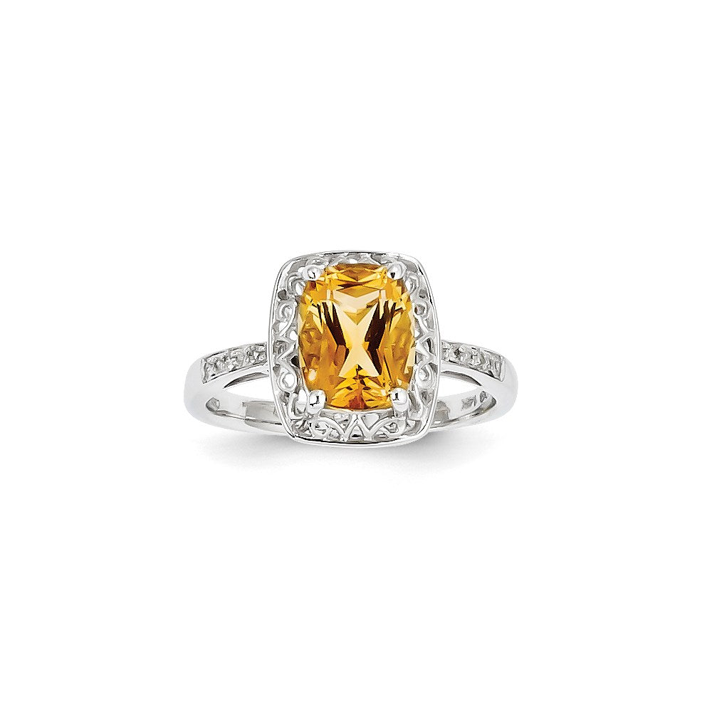 14k White Gold Real Diamond and Citrine Oval Ring