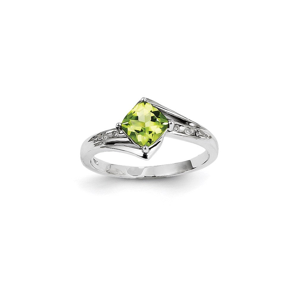 14k White Gold Real Diamond and Peridot Square Ring