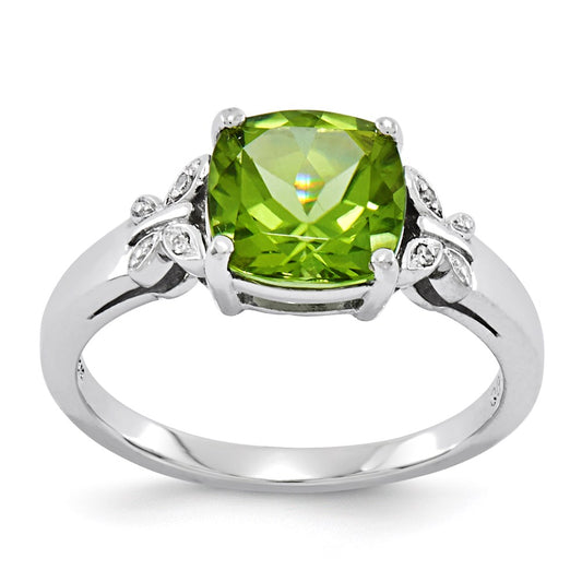 14k White Gold Real Diamond and Peridot Square Ring