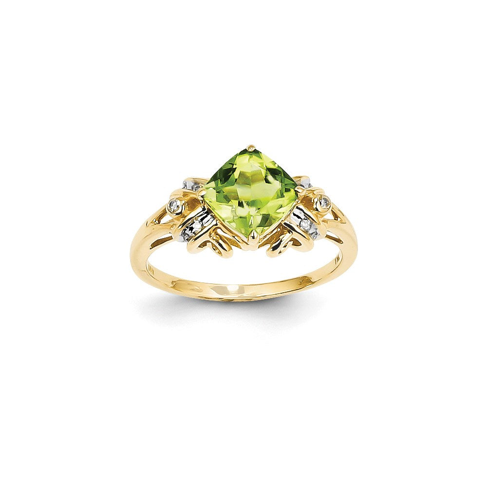 14K Yellow Gold Real Diamond and Peridot Square Ring