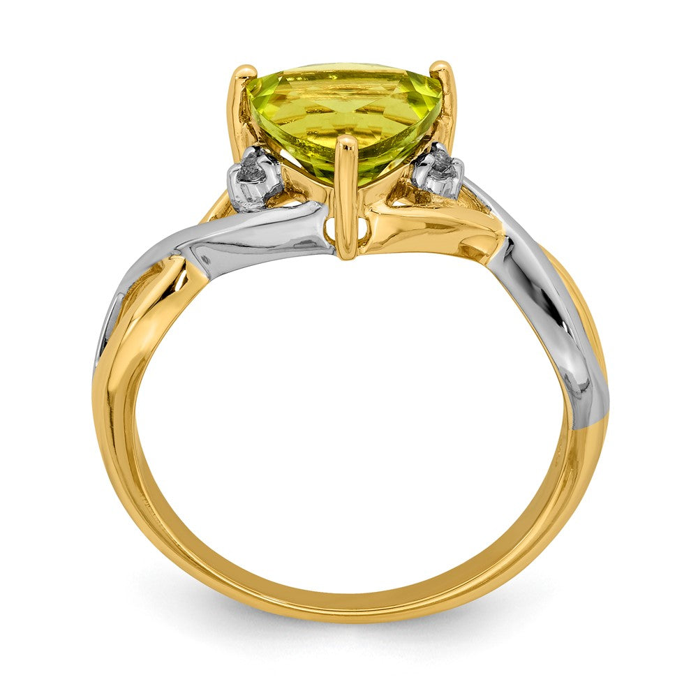 14K Yellow Gold Peridot and White Topaz Trillion Ring