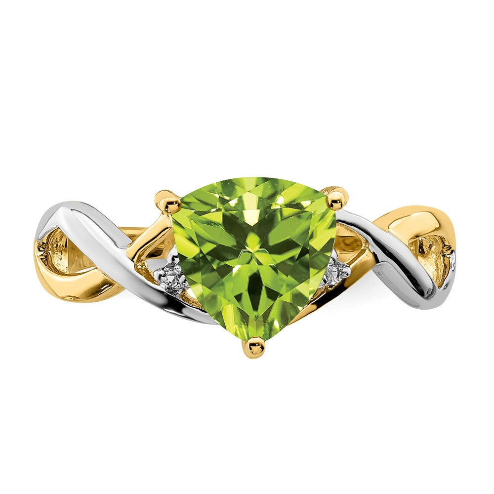 14K Yellow Gold Peridot and White Topaz Trillion Ring