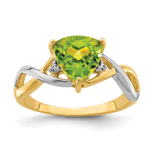 14K Yellow Gold Peridot and White Topaz Trillion Ring