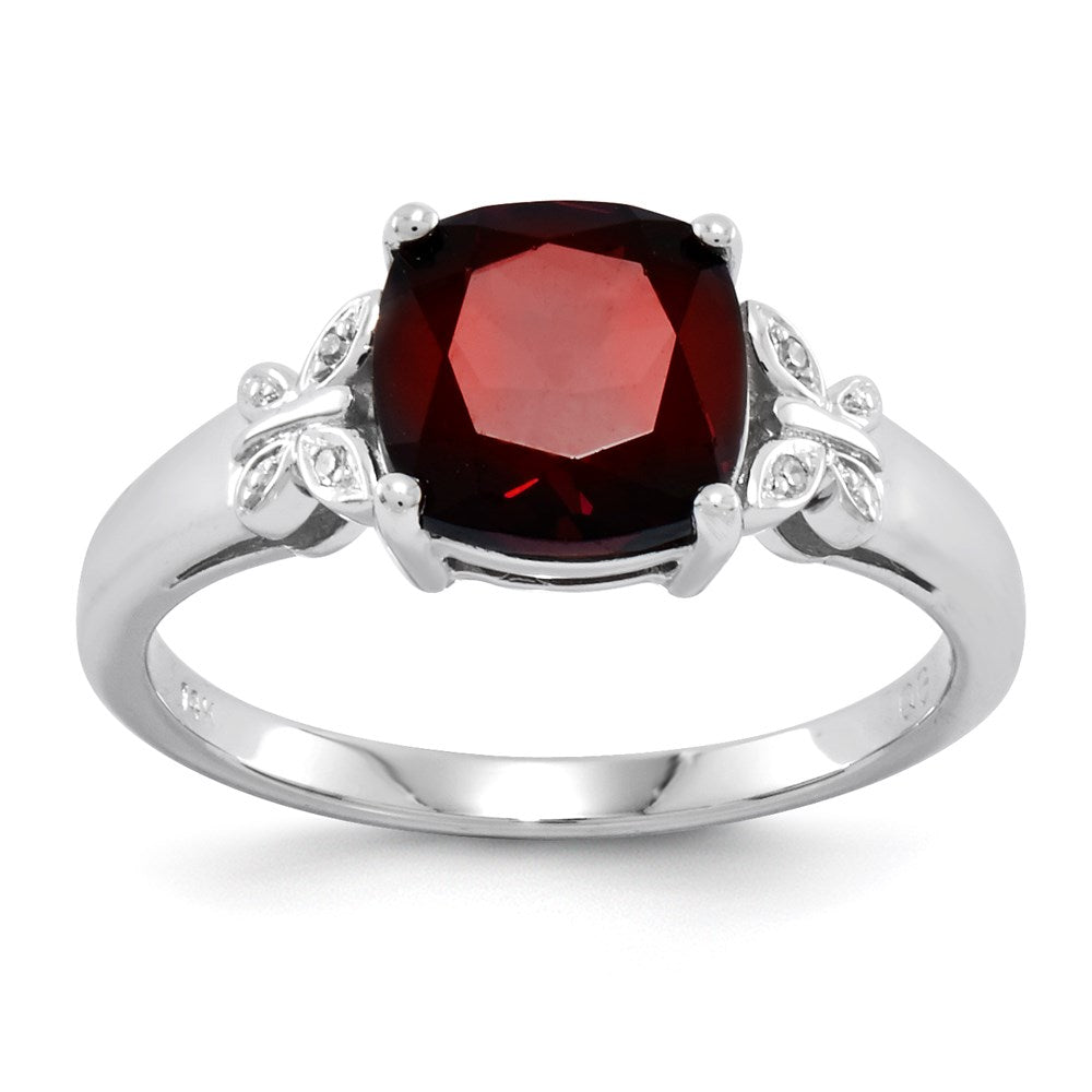 14k White Gold Real Diamond and Garnet Square Ring