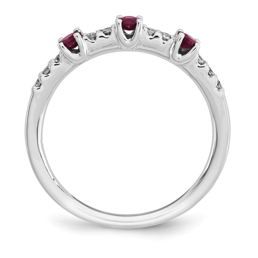 14K White Gold Real Diamond and Ruby 3-Stone Ring