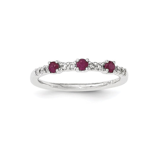 14K White Gold Real Diamond and Ruby 3-Stone Ring