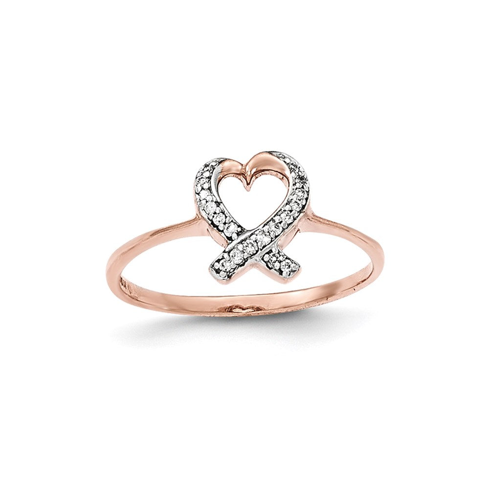 14K Rose Gold Real Diamond Awareness Ribbon Heart Ring