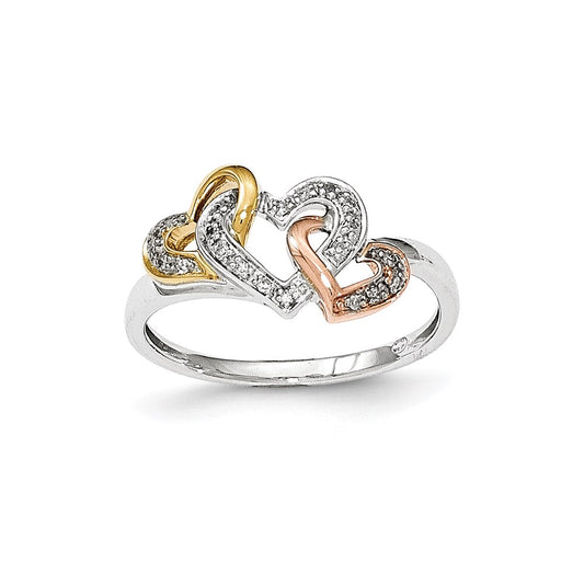 14K Yellow Gold Tri-color Real Diamond Heart Ring