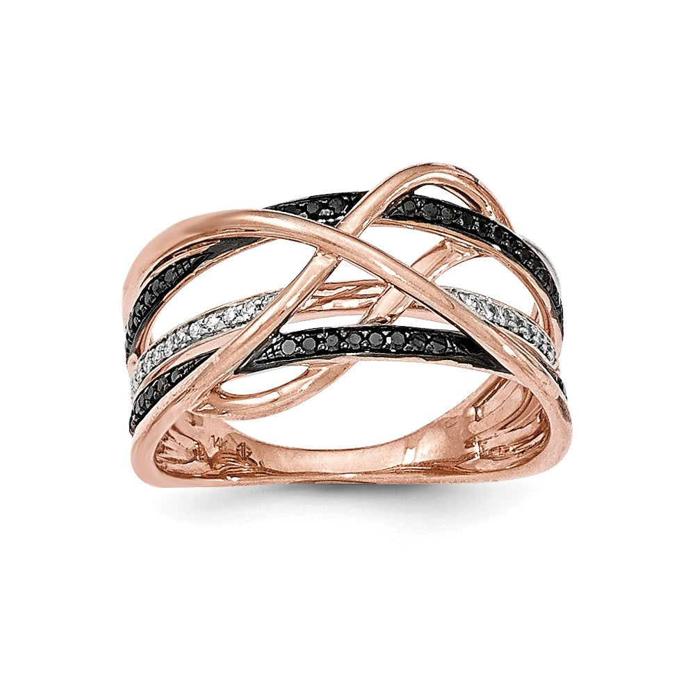 14k Rose Gold Polished 2 Blk Diamond/Diamond Band Ring